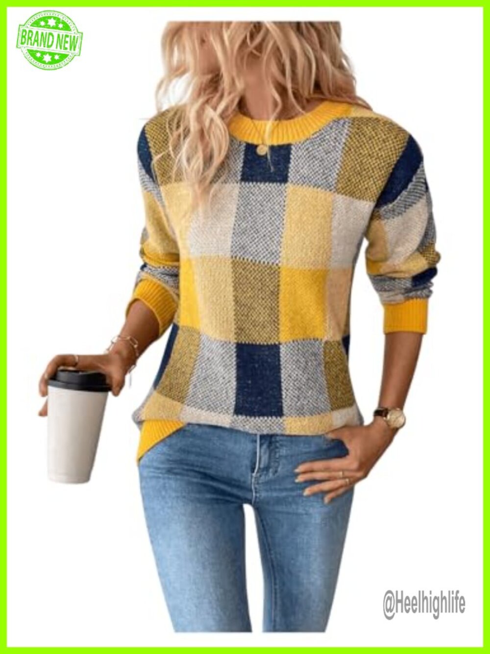 Women's Argyle Plaid Sweater 100% Polyester Round Neck Pullover